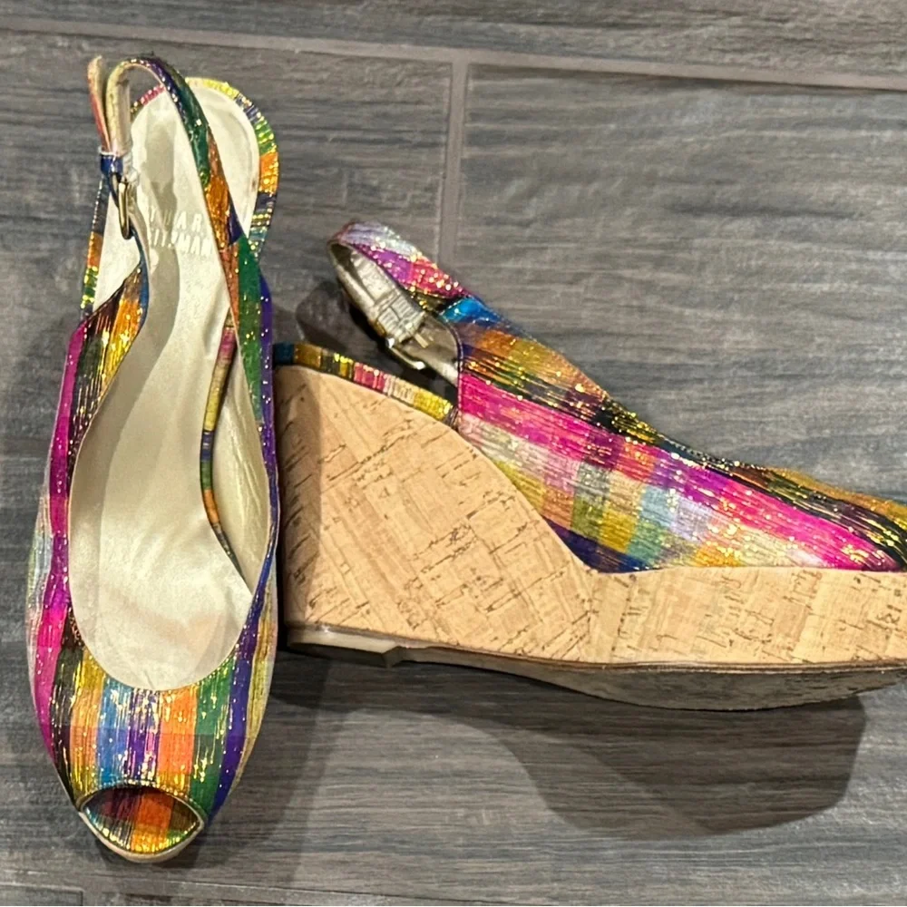 Stuart Weitzman Multi-colored Striped Peep-Toe Slingback Heels - Picture 2 of 5